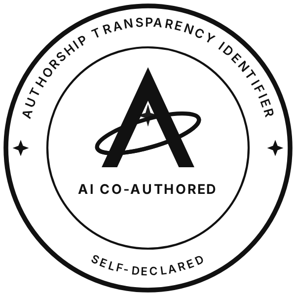 AI Co-Authored, circular badge, black, one colour – Authorship Transparency Identifier mark